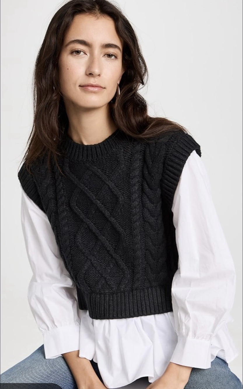 ENGLISH FACTORY Anthropologie Mixed Media Cable Knit Twofer Pullover Sweater XS